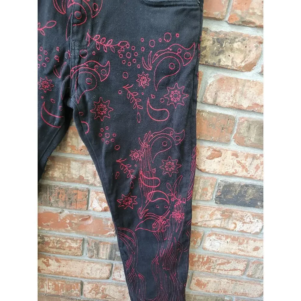 Embellish Mens Black Jeans Size 32 Red Paisley Embroidered Streetwear Skinny - Picture 3 of 6